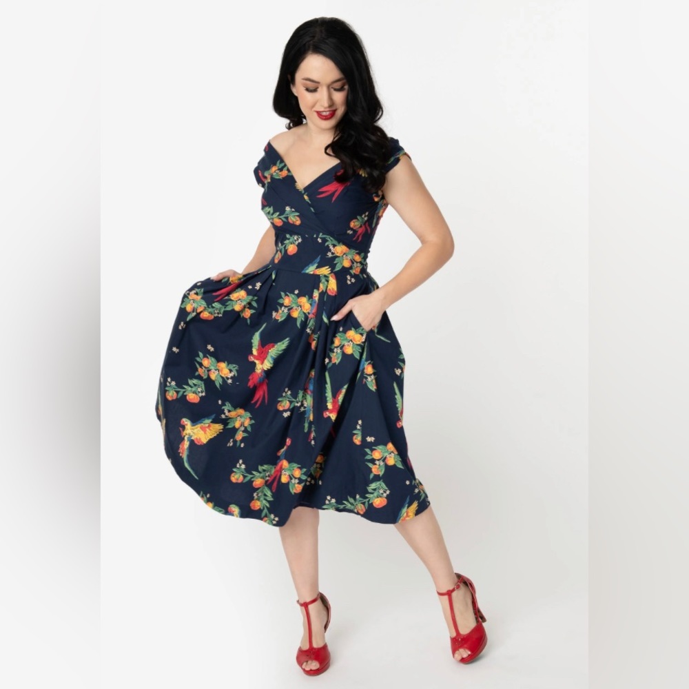 Emily & Fin Florence Retro 1950s playful Parrot print Spring dress